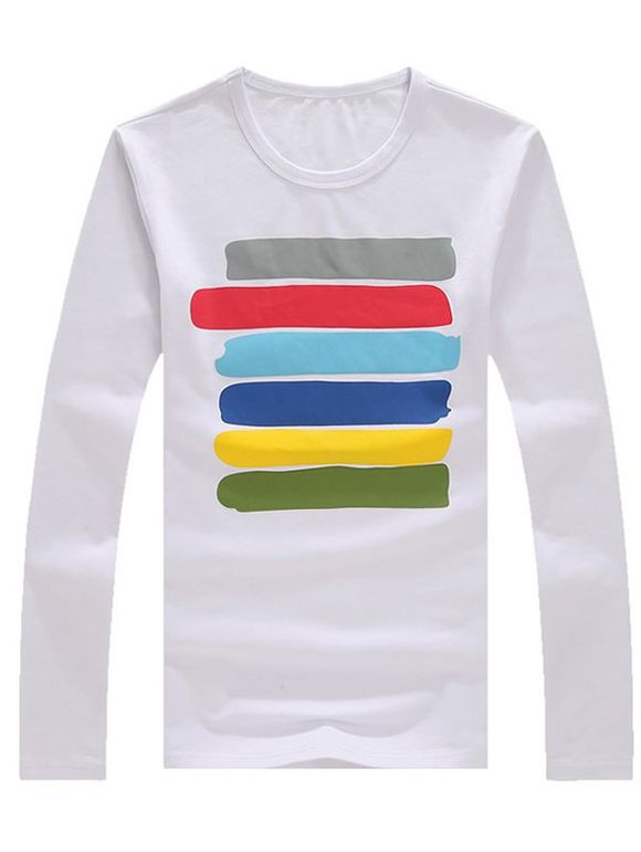 Men's Casual Colorful Striped Long Sleeves T-Shirt - Blanc XL