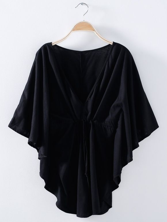 Chic Plus Size Batwing Sleeve Plunging Neck Pure Color Women's Blouse - Noir M
