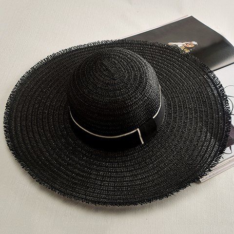 Chic Lace-Up Wide Brim Cool Summer Outdoor Women's Black Straw Hat - Noir 