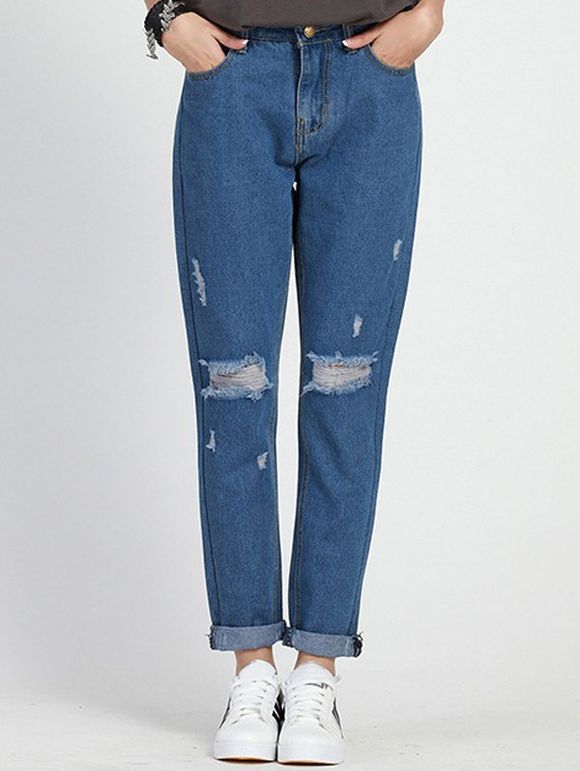 Élégant Plus Size Ripped Jeans taille haute pour les femmes - Bleu Toile de Jean 4XL