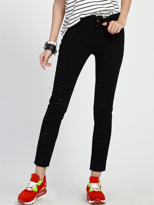 Élégant Plus Size Ripped Jeans taille haute noir pour les femmes - Noir S