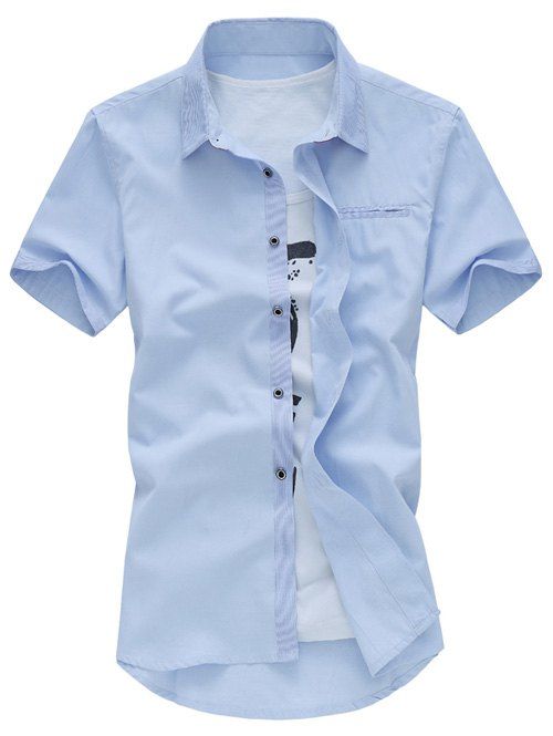 Plus Size Turn-Down Collar Solid Color manches courtes Casual Shirt pour les hommes - Bleu clair 5XL