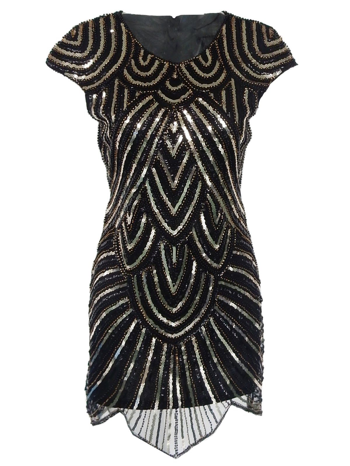 Gergeous Round Neck Sleeveless Striped Sequins Embellished Irregular Hem Club Dress For Women - BLACK S