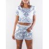 Chic Scoop Neck Short Sleeve Crop Top + Pocket Design Floral Print Shorts Twinset For Women - Blanc S