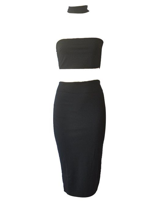 Femmes bodycon l  'Zipper Fly Crop Top + Skirt Two Piece Dress - Noir S