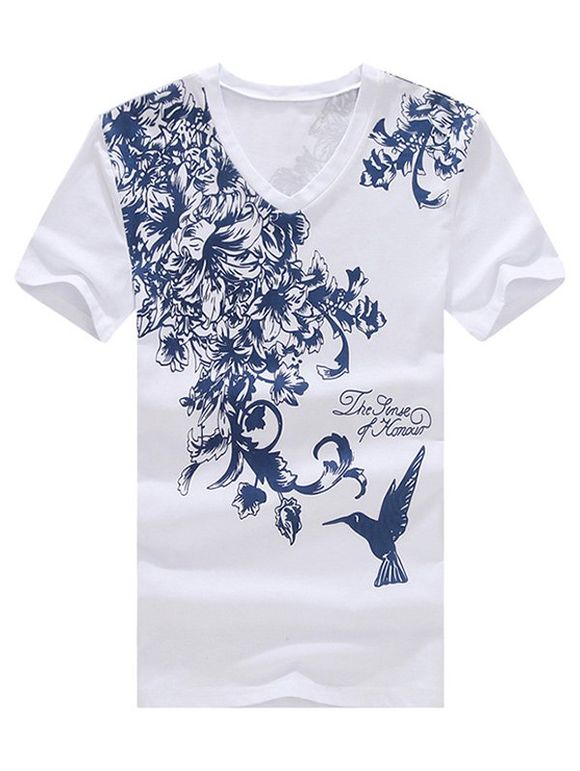 Flower and Bird Print V-Neck Plus Size Short Sleeve Men's T-Shirt - Blanc XL