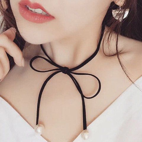 Chic Faux Pearl Big Knotted Bowknot Women's Black Chokers Necklace - Noir 