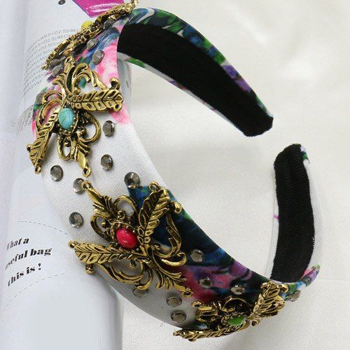 Gorgeous Faux Gem Leaf Decorated Flower Printed Hairband For Women - multicolore 