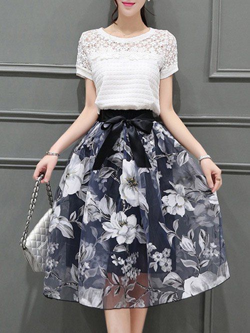 Floral col rond manches courtes T-shirt femme élégante  's + Organza Jupe - Blanc 2XL