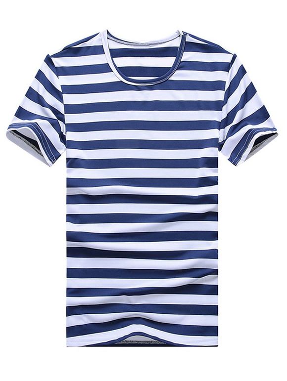 Stripe Round Neck Plus Size Short Sleeve Men's T-Shirt - Bleu Saphir 5XL