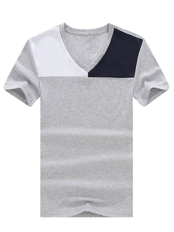 Trendy V-Neck Splicing Color Block Short Sleeve T-Shirt For Men - Gris XL