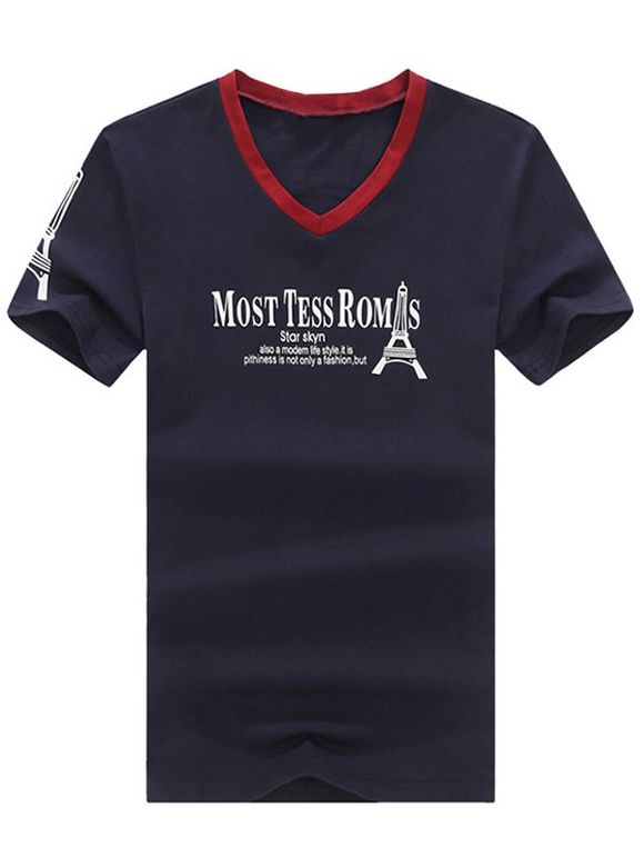 T-shirt à encolure en V Trendy Lettre Et Tour Imprimé à manches courtes pour les hommes - Cadetblue 4XL