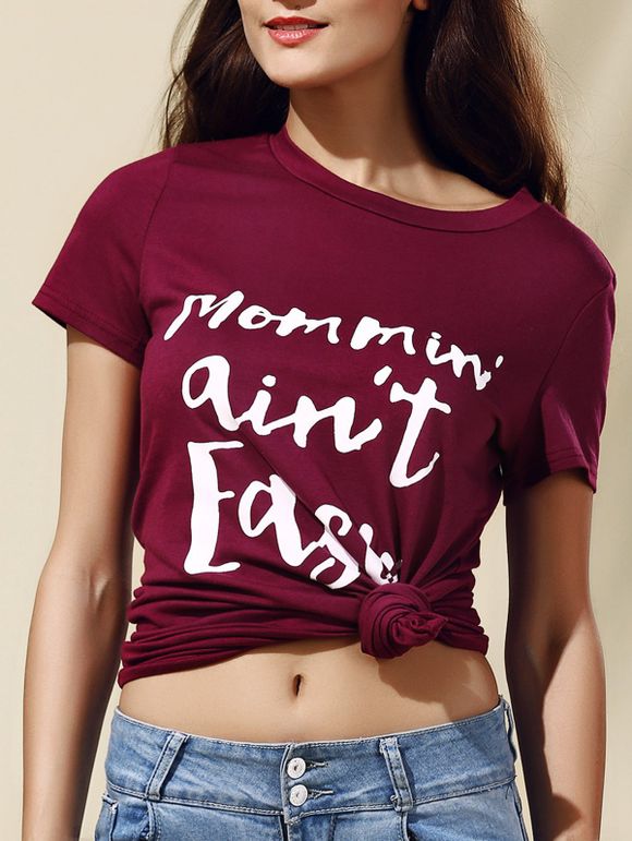 Lettre modèle de mode à manches courtes T-shirt pour les femmes - Rouge vineux S