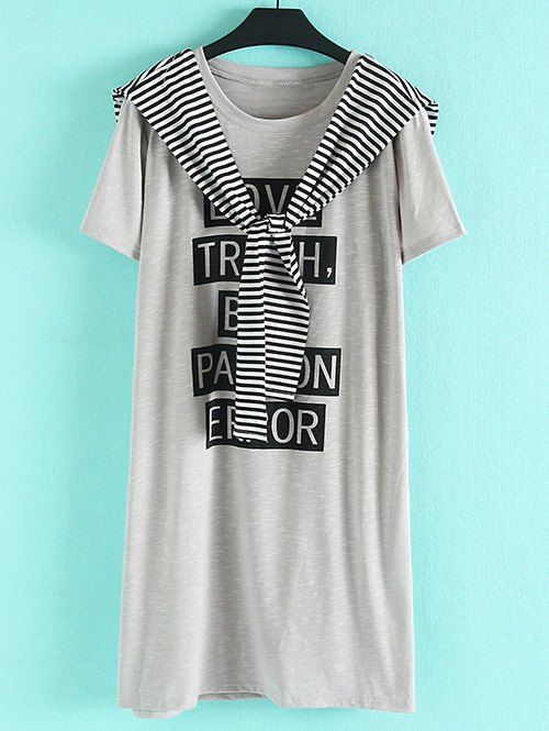 

Chic Plus Size Scoop Neck Short Sleeve Letter Print Tie Embellished Dress For Women, Gray