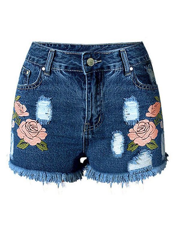 Charming Embroidered Flower Zipper Fly Ripped Denim Shorts For Women - DEEP BLUE XL