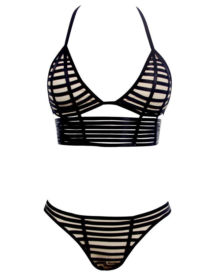 

Alluring Women's Spaghetti Straps Hollow Out Halter Bikini Set, Black