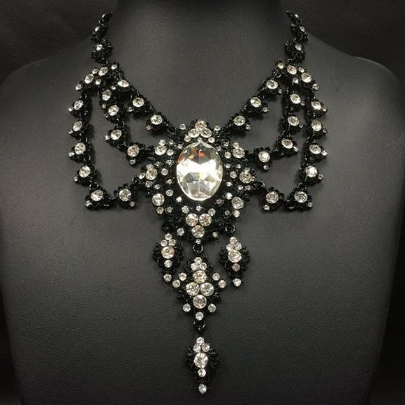 Retro Faux Crystal Rhinestone Oval Tassel Necklace For Women - Noir 