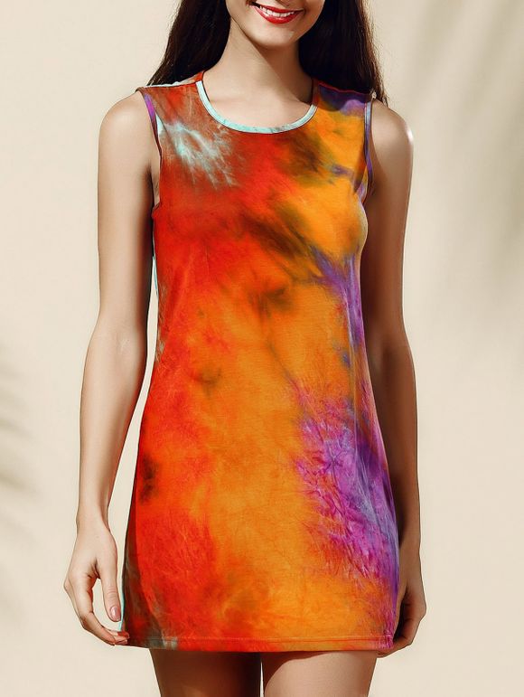 Chic Tie Dye Imprimer Tank Dress Jewel Neck pour les femmes - multicolore M