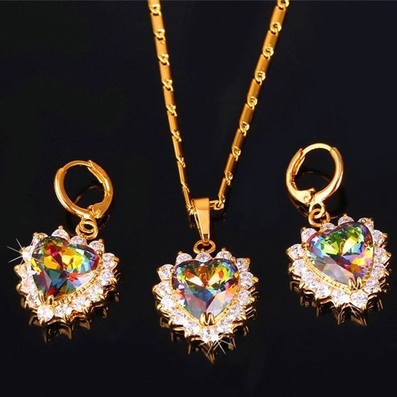 Un costume de collier et boucles d'oreilles pour les femmes Coeur de Charme Colored Rhinestoned - d'or 