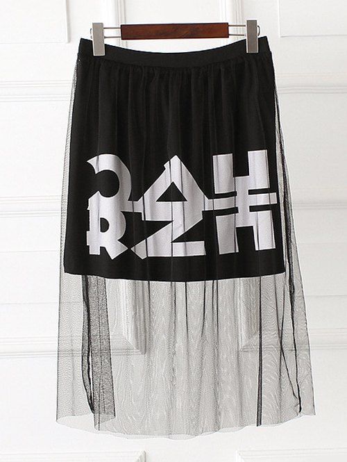 

Chic Plus Size Elastic Waist Letter Print Mesh Design Skirt For Women, Black