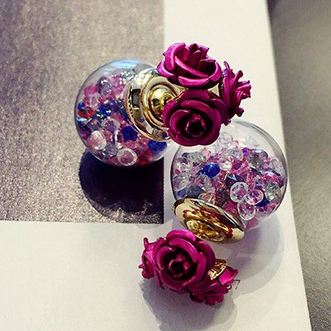 Paire de élégante Double-End Faux Boule Fleur Cristal Boucles d'oreilles pour les femmes - Rose 