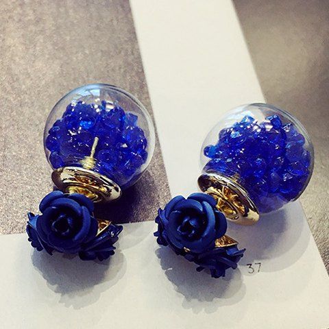 Paire de élégante Double-End Faux Boule Fleur Cristal Boucles d'oreilles pour les femmes - Bleu Saphir 
