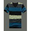 Élégant Plus Size V-Neck Striped Color Block manches courtes T-shirt pour les hommes - Bleu L