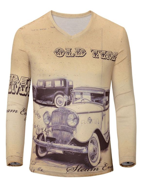 Casual Car Printed Men's Long Sleeves T-Shirt - Beige M