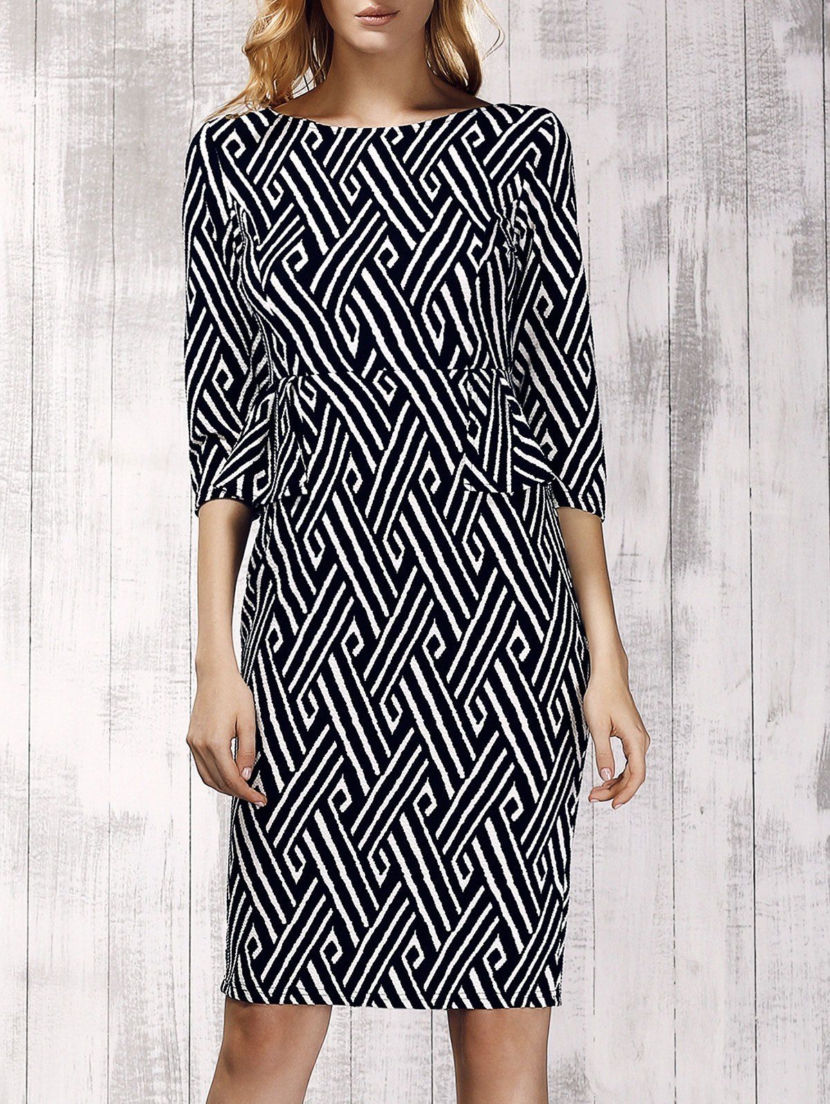 

Elegant Women's Jewel Neck 3/4 Sleeves Flounce Dress, White and black
