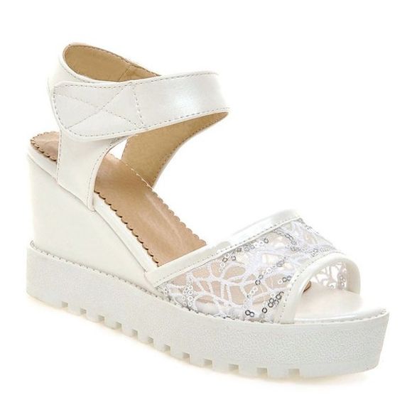 Fashionable Gauze and Wedge Heel Design Women's Sandals - Blanc 38