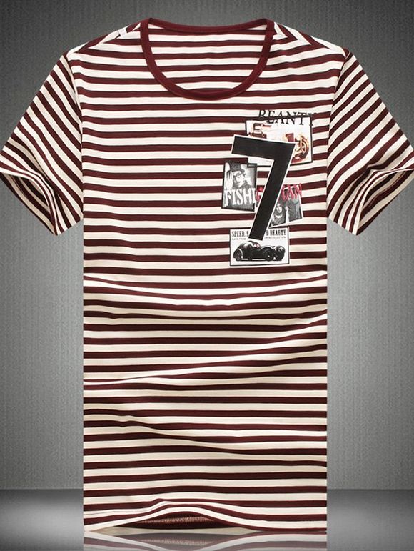 Plus Size Round Neck Striped Collages Print Short Sleeve Men's T-Shirt - Rouge 3XL
