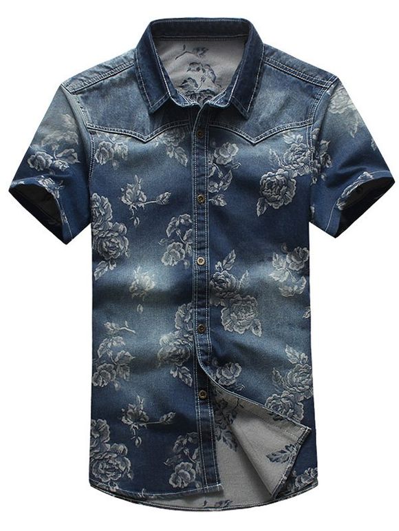 Plus Size Turn-Down Collar Roses Print Short Sleeve Denim Men's Shirt - Bleu XL