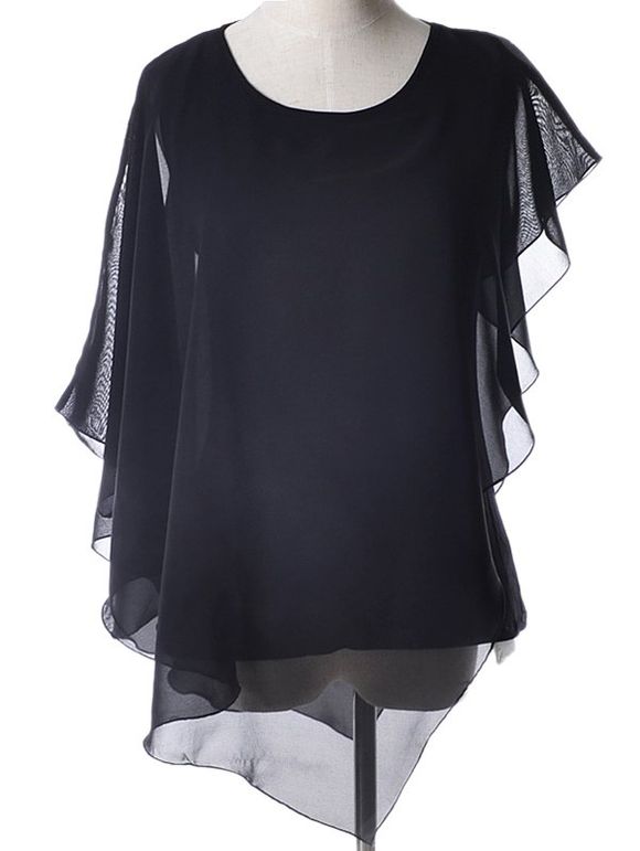 Les femmes élégantes  's Plus Size Jewel Neck Dolman manches asymétrique en mousseline de soie Blouse - Noir XL