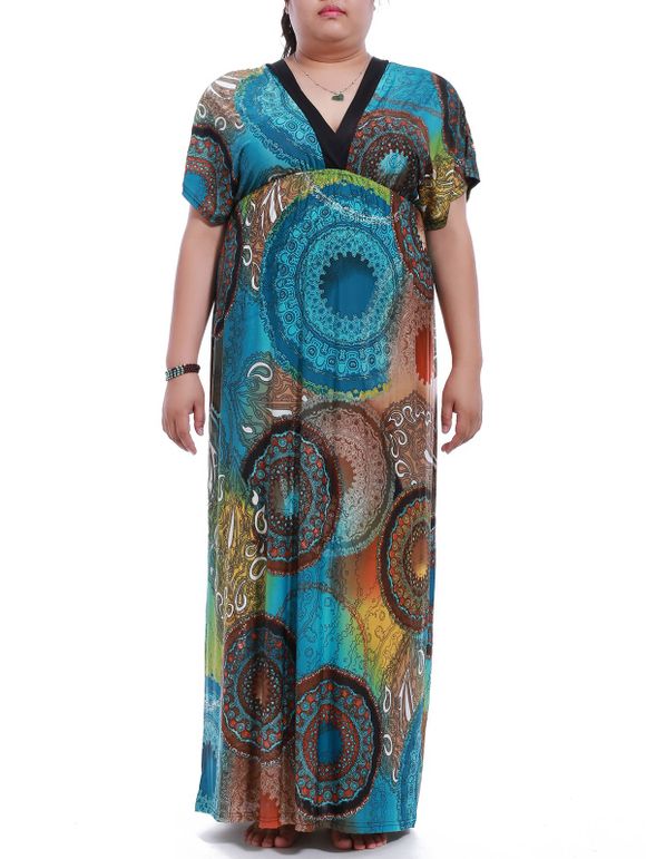 Trendy Plus Size Plongeant Neck Backless Colorful Dress Print pour les femmes - Bleu Saphir M