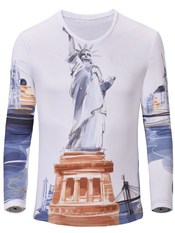 Casual Statue de manches longues T-shirt de la Liberté Imprimé Hommes - Blanc S
