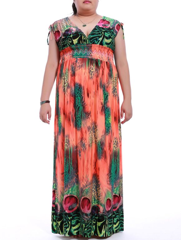 Trendy Plus Size Plongeant Neck manches Colorful Dress Print pour les femmes - Saumon XL