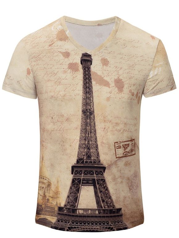 T-shirt Imprimé La Tour Eiffel à Col en V à Manches Courtes pour Homme - multicolore 3XL