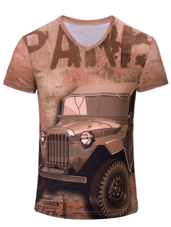 T-shirt Homme Contrastant Imprimé Lettre et Chat 3D à Col en V et Manches Courtes - multicolore L
