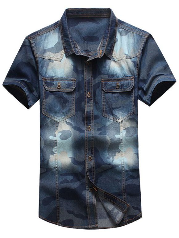 Plus Size Turn-Down Collar Short Sleeve Denim Men's Shirt - Bleu 2XL