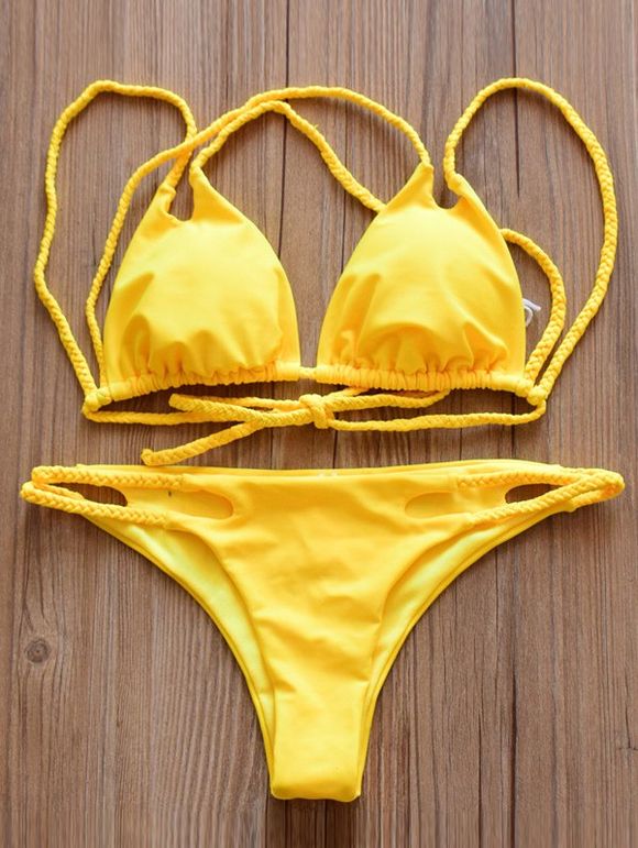 Strappy Solid Color Criss Cross Bikini Set de Charme Les femmes - Jaune S