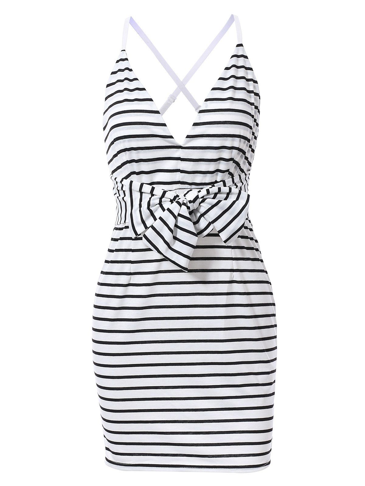

Chic Spaghetti Strap Striped Backless Criss-Cross Skinny Women's Dress, White