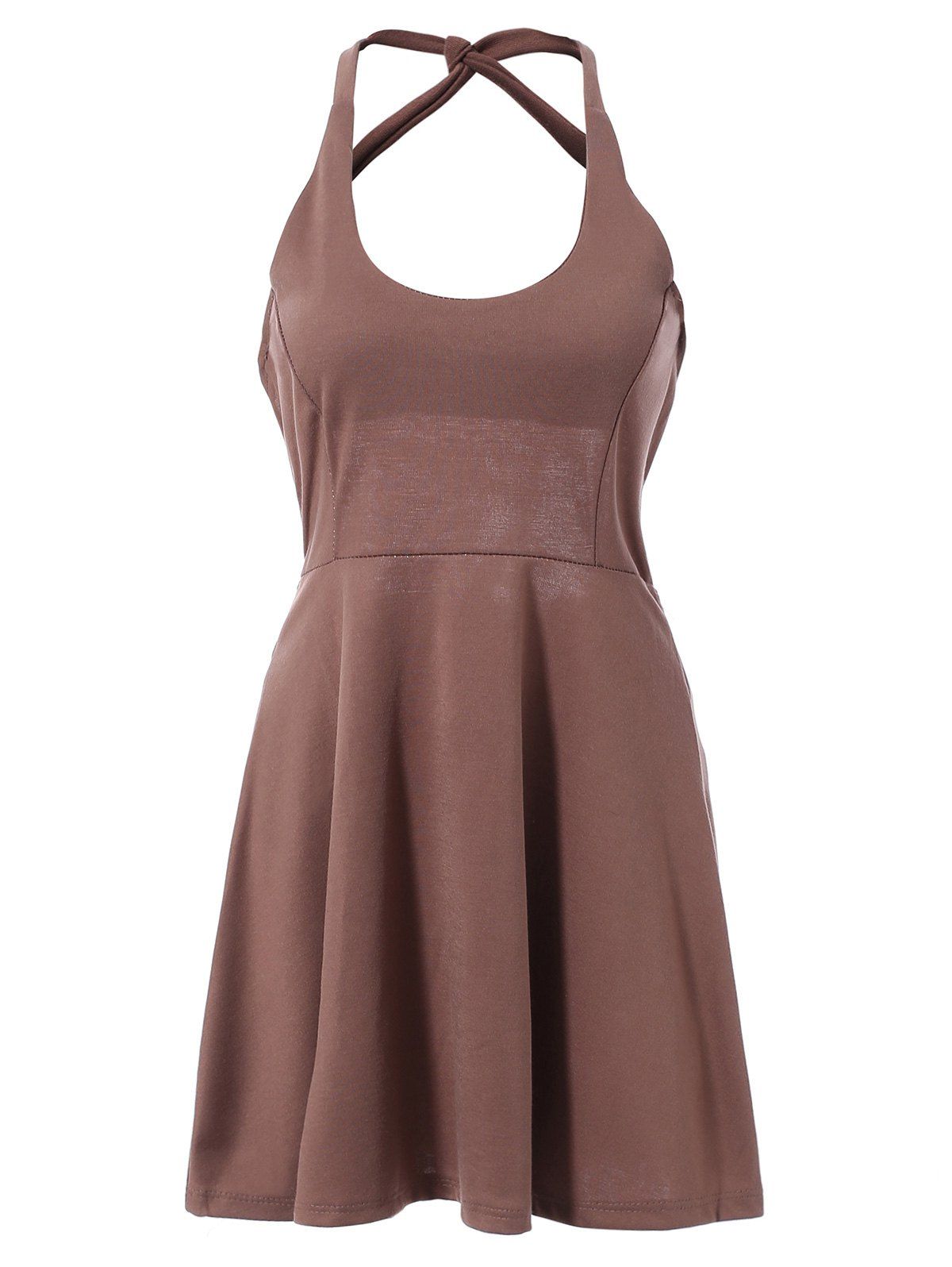 

Fashionable Sleeveless Backless Solid Color Hollow Out Women's Dress, Deep brown