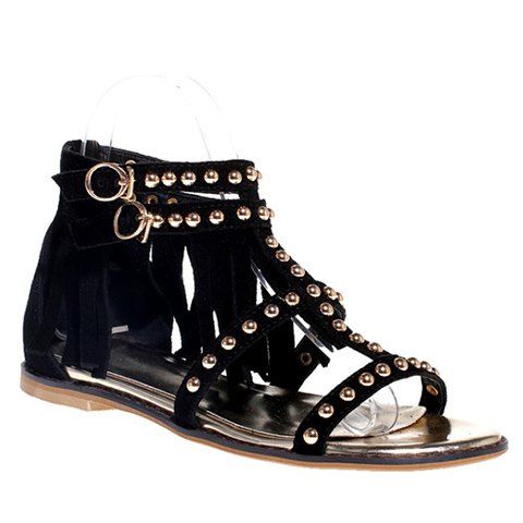 Trendy Suede and Fringe Design Women's Sandals - Noir 38