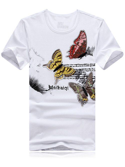 Col rond Plus Size Papillon 3D et Lettre Imprimer T-shirt de manches courtes hommes - Blanc 3XL