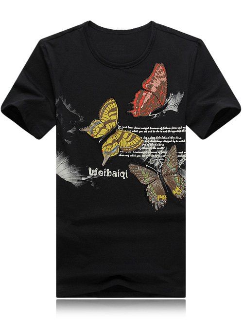 Col rond Plus Size Papillon 3D et Lettre Imprimer T-shirt de manches courtes hommes - Noir 2XL
