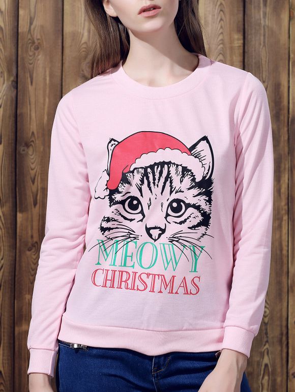 Sweatshirt de Noël mignon manches longues col rond Imprimer Cat femmes - Rose M