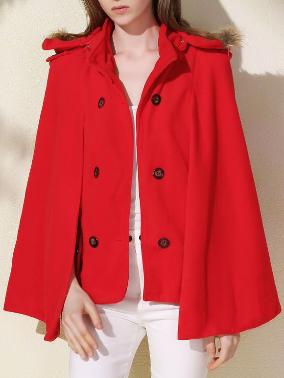Mode capuche en fausse fourrure Manteau en laine pour les femmes - Rouge L