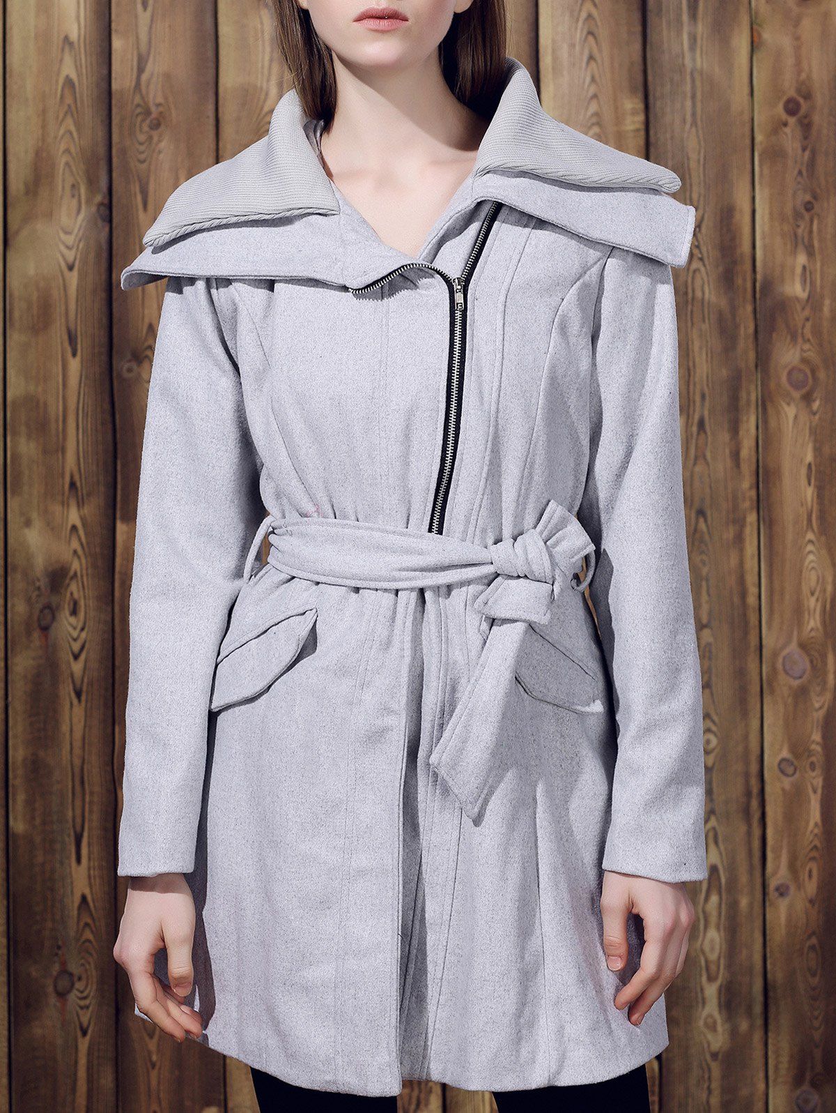 Stylish Long Sleeve Turn-Down Collar Spliced Zip Up Women's Belted Coat - GRAY L