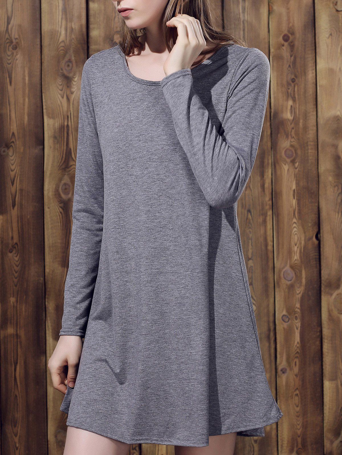 

Casual Scoop Neck Long Sleeve Solid Color T-Shirt Dress For Women, Gray