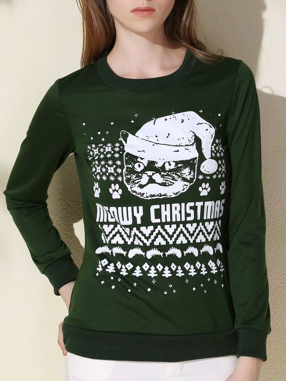 Doux Lettre col rond et Cat Imprimé Sweat-shirt de Noël pour les femmes - Vert S